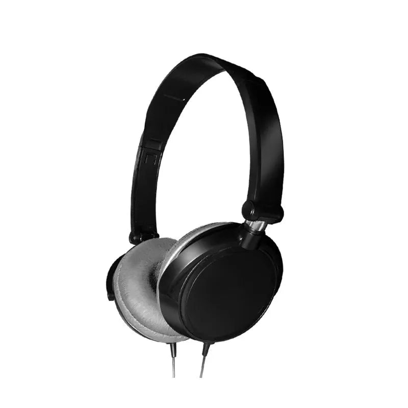 Black folding wired over-ear headphones with adjustable headband and 3.5mm plug on a 1.2m cable.