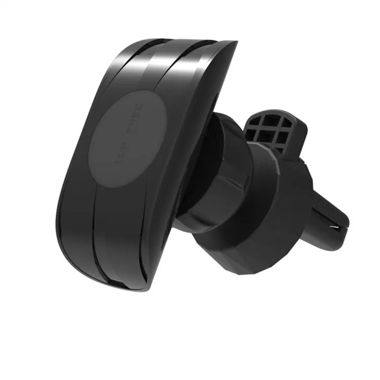 Black car phone holder attached to a car air vent, clamping a smartphone.