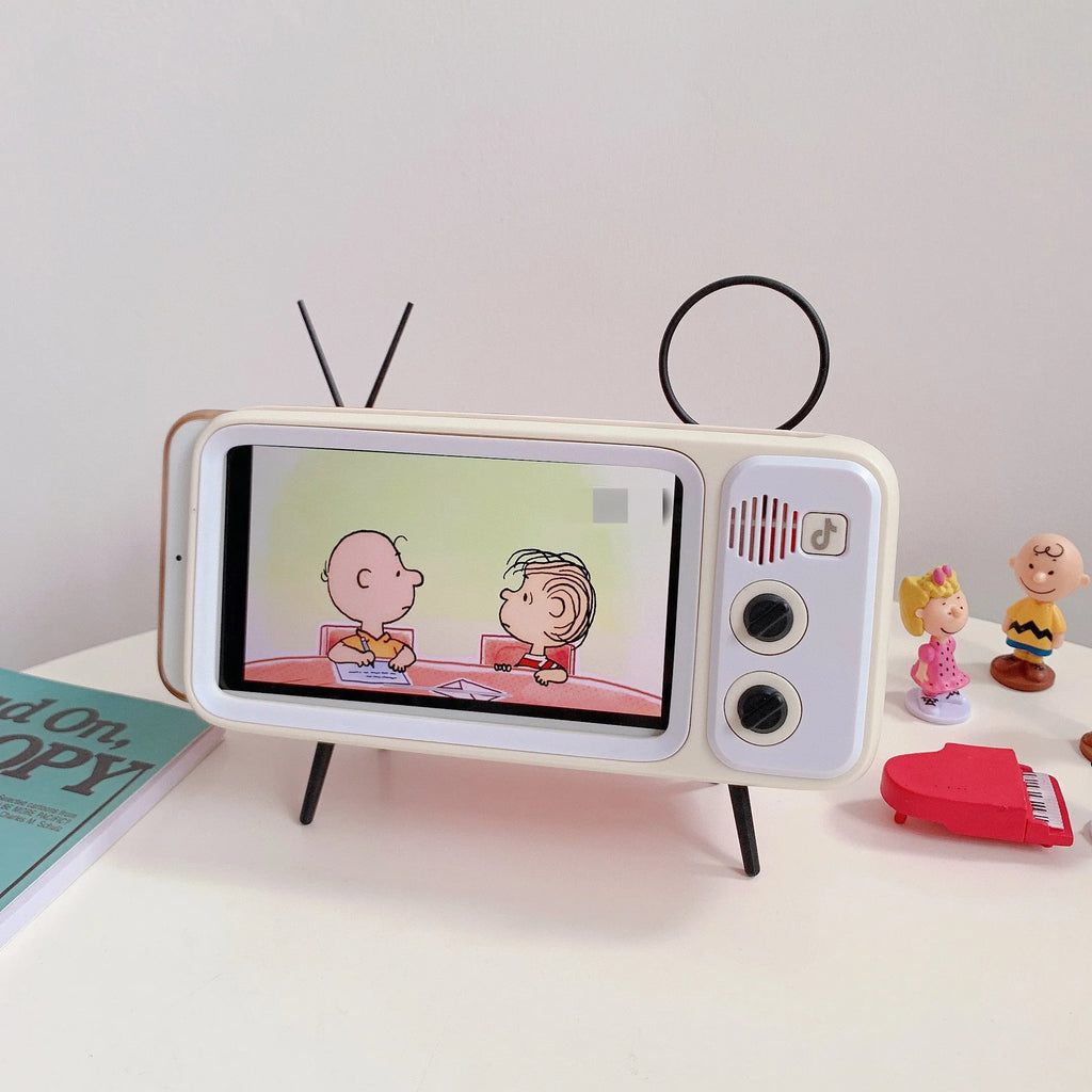 Vintage wooden TV Retro phone stand with built-in speaker, Bluetooth connectivity, and phone placed on top