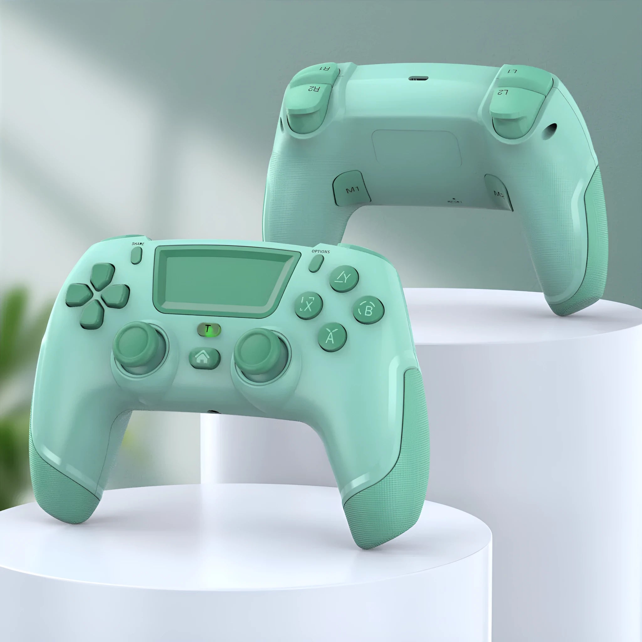 Fruit green wireless Bluetooth game controller for PS4, PC, mobile phone, and Nintendo Switch on a grey background.