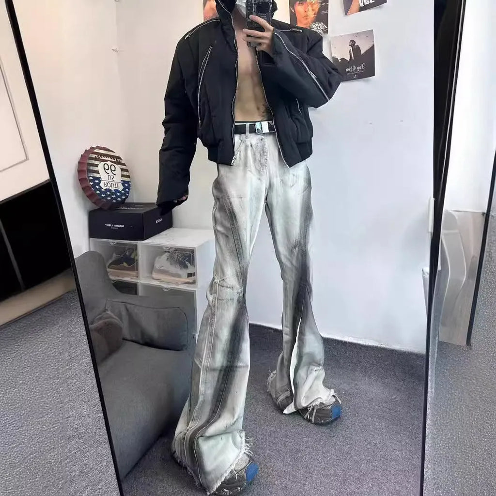 White jeans with black ribbon gradient detailing and heavy selvedge denim construction