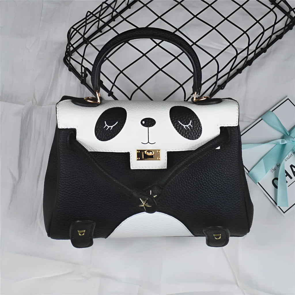 Panda print cow leather handbag in a horizontal square shape, shown in two size options.