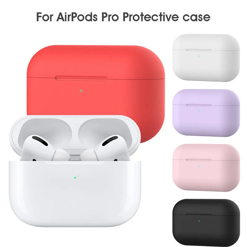 Soft silicone protective cover for AirPods Pro wireless headphones shown in multiple colour options.