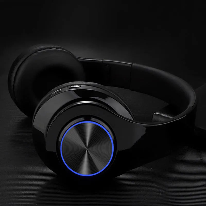 Wireless Bluetooth stereo headset in various colours showing head-mounted design