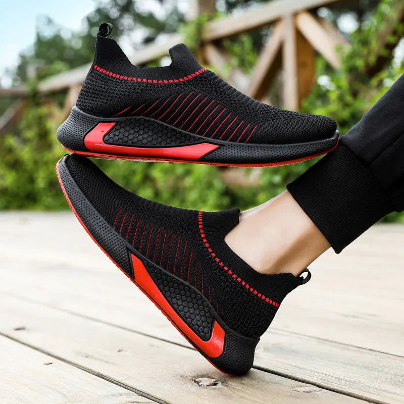 Men's striped mesh sock shoes with lace-up front and flat heel design