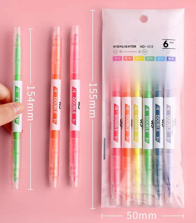 Six double-headed highlighter pens showing round and oblique tips in six different colours