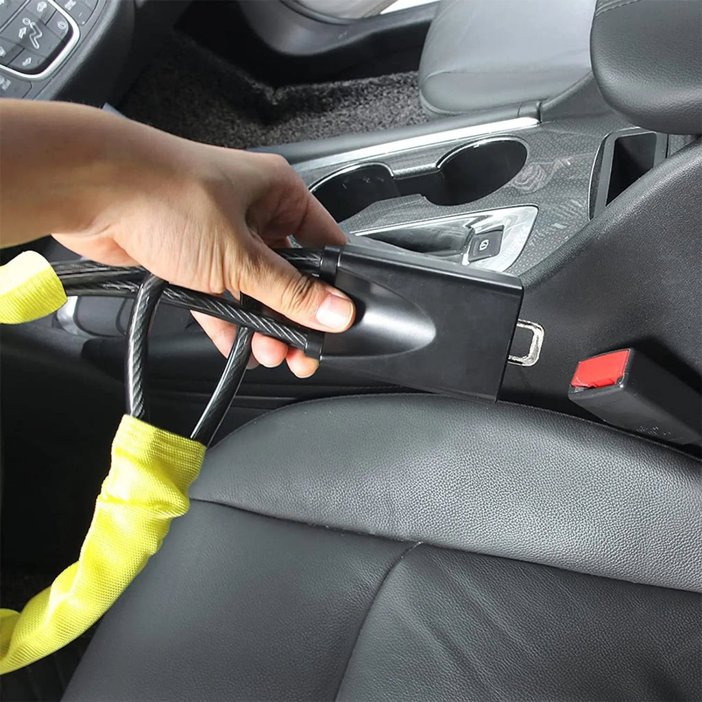 Red iron wire rope car steering wheel lock with key for General Motors vehicles.