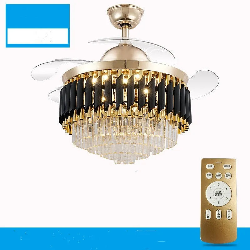 Remote-controlled crystal chandelier ceiling fan light with LED illumination.