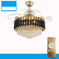 Remote-controlled crystal chandelier ceiling fan light with LED illumination.