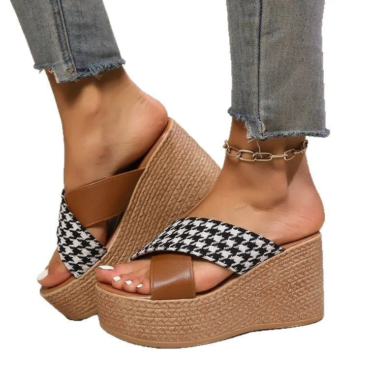 Cross leopard plaid pattern wedge sandals with rubber sole in casual slip-on style