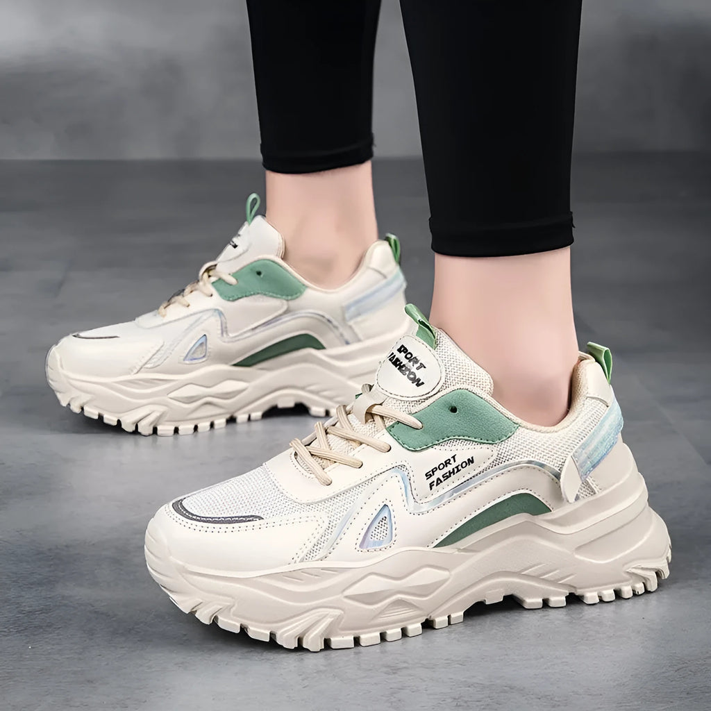 Men's low-top board shoes in beige green with mesh upper and rubber sole.