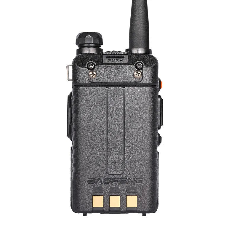 Black VHF UHF dual-band walkie talkie with 128 channels and LCD display showing 5-10 km communication range
