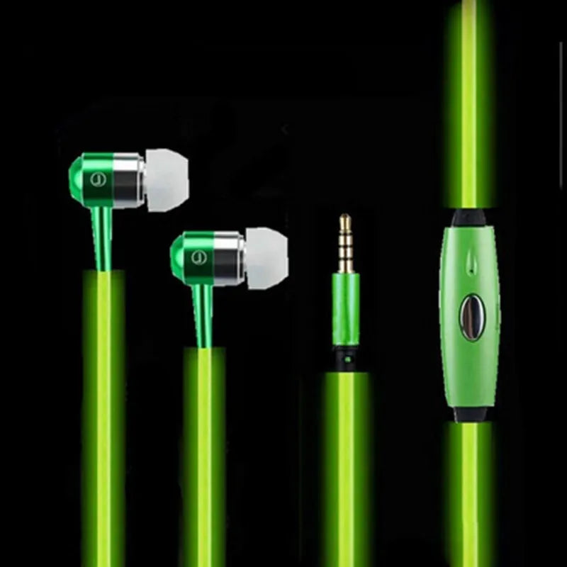 Blue LED light-up earphones with aluminium alloy shells and a 3.5mm plug, showing illuminated EL lines.
