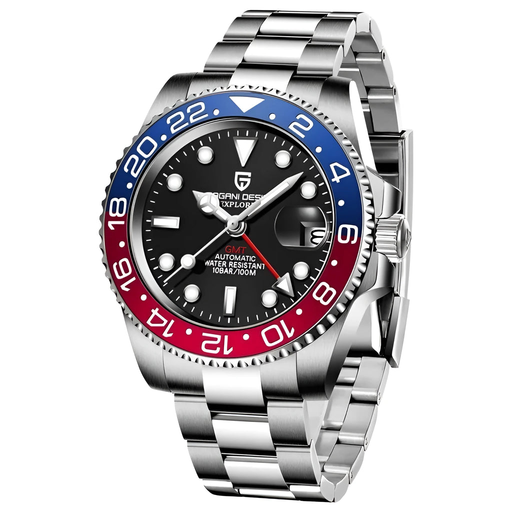 Men's calendar luminous GMT watch with stainless steel bracelet and black dial