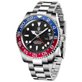Men's calendar luminous GMT watch with stainless steel bracelet and black dial
