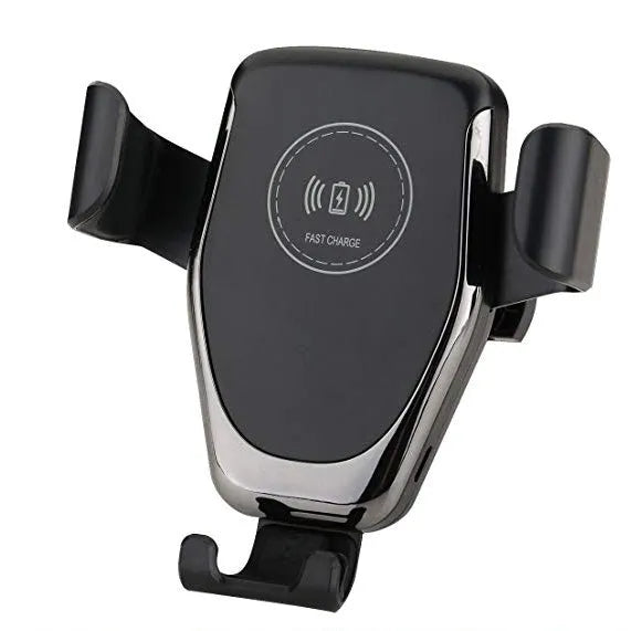 Black car wireless charger mounted on dashboard showing automatic clamp holding iPhone