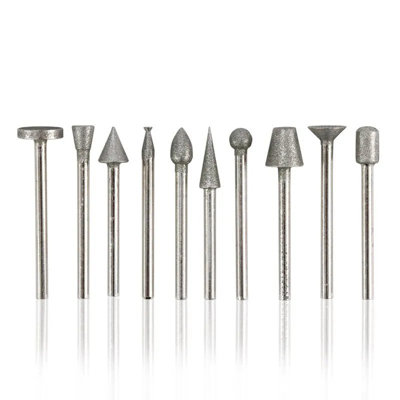 Alloy grinding head with elliptical cone shape and emery abrasive, showing 3mm shank diameter.