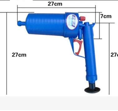 Manual high-pressure plastic drain blaster gun with four different size suction cup adaptors for unblocking pipes.