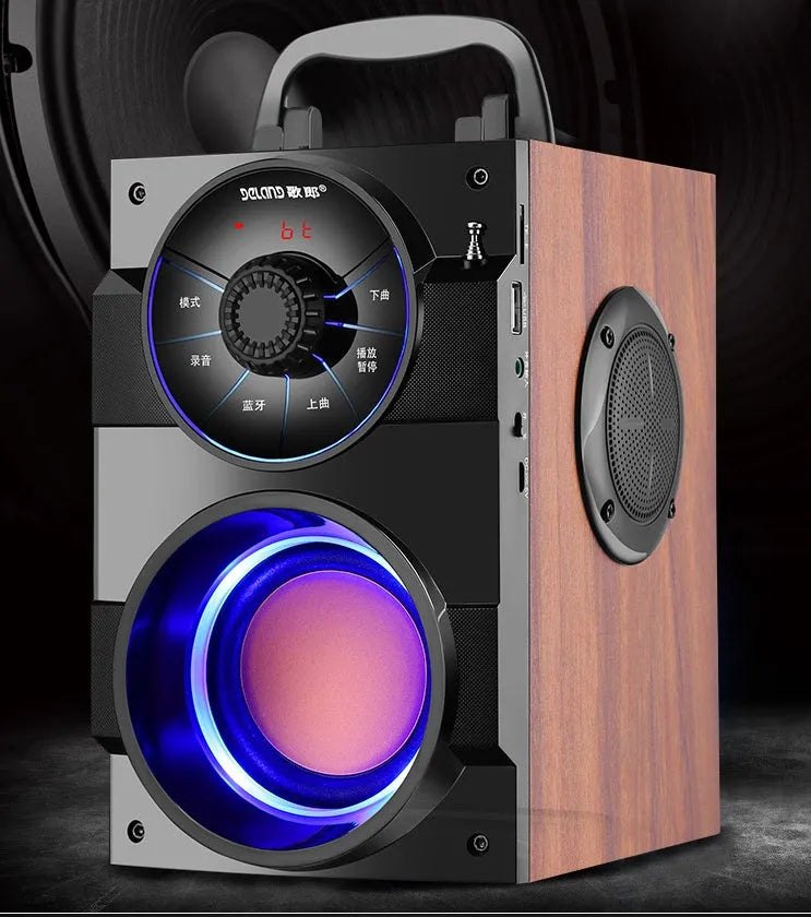 Black portable audio system with subwoofer and 3.5mm audio cable for connecting to phones and laptops