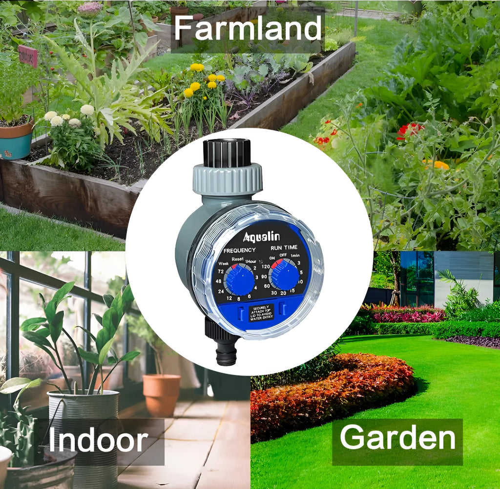 Battery-operated automatic garden watering timer with programming display and faucet connection