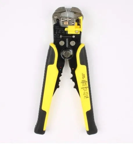 Yellow automatic wire stripper crimping plier with adjustment screw and alloy steel jaws