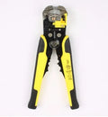 Yellow automatic wire stripper crimping plier with adjustment screw and alloy steel jaws