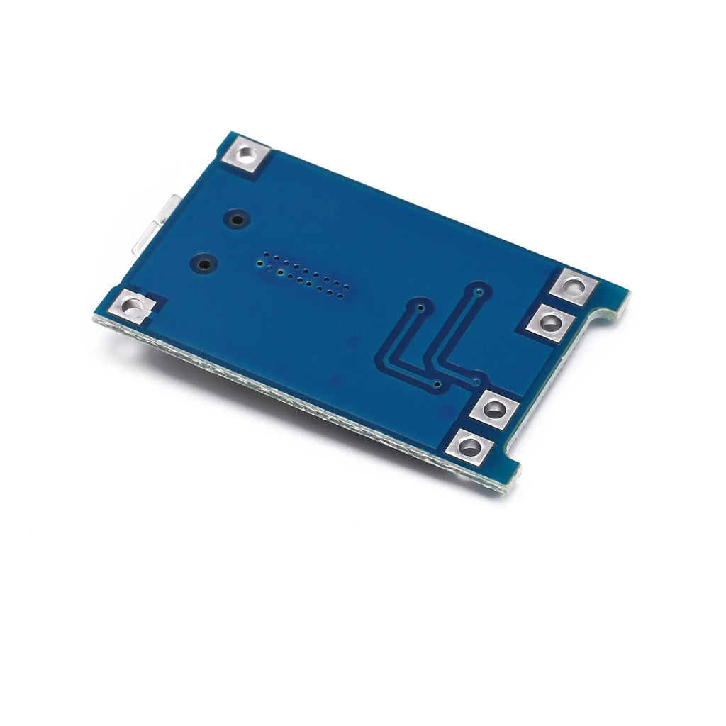 Blue lithium battery charging and protection circuit board with micro USB port.