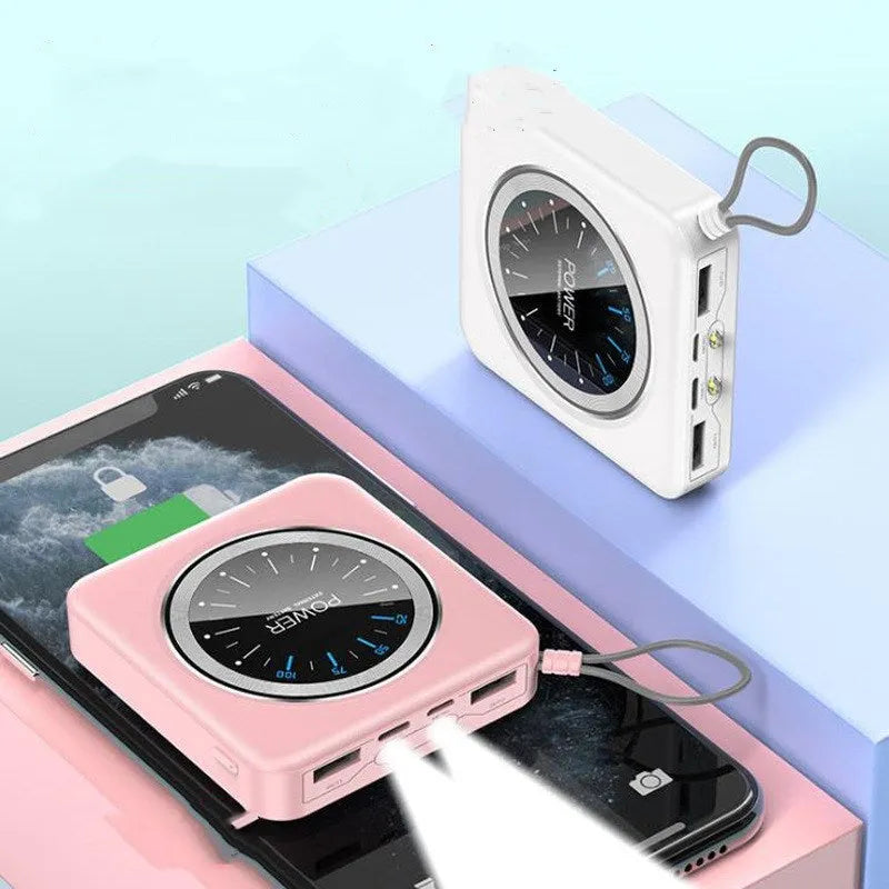 Mini clock charger in alloy case showing multi-U ports, displayed next to a coin for scale
