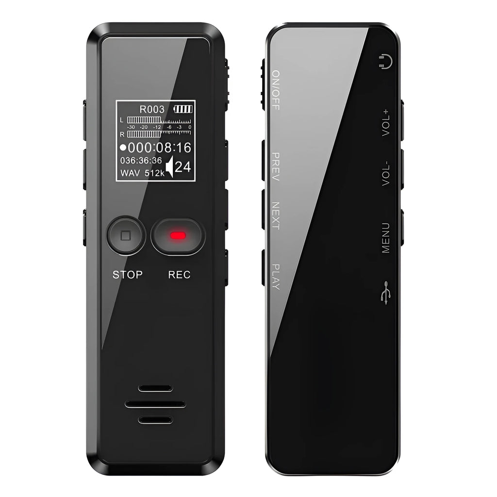 Black zinc alloy USB voice recorder MP3 player with LCD screen showing recording time
