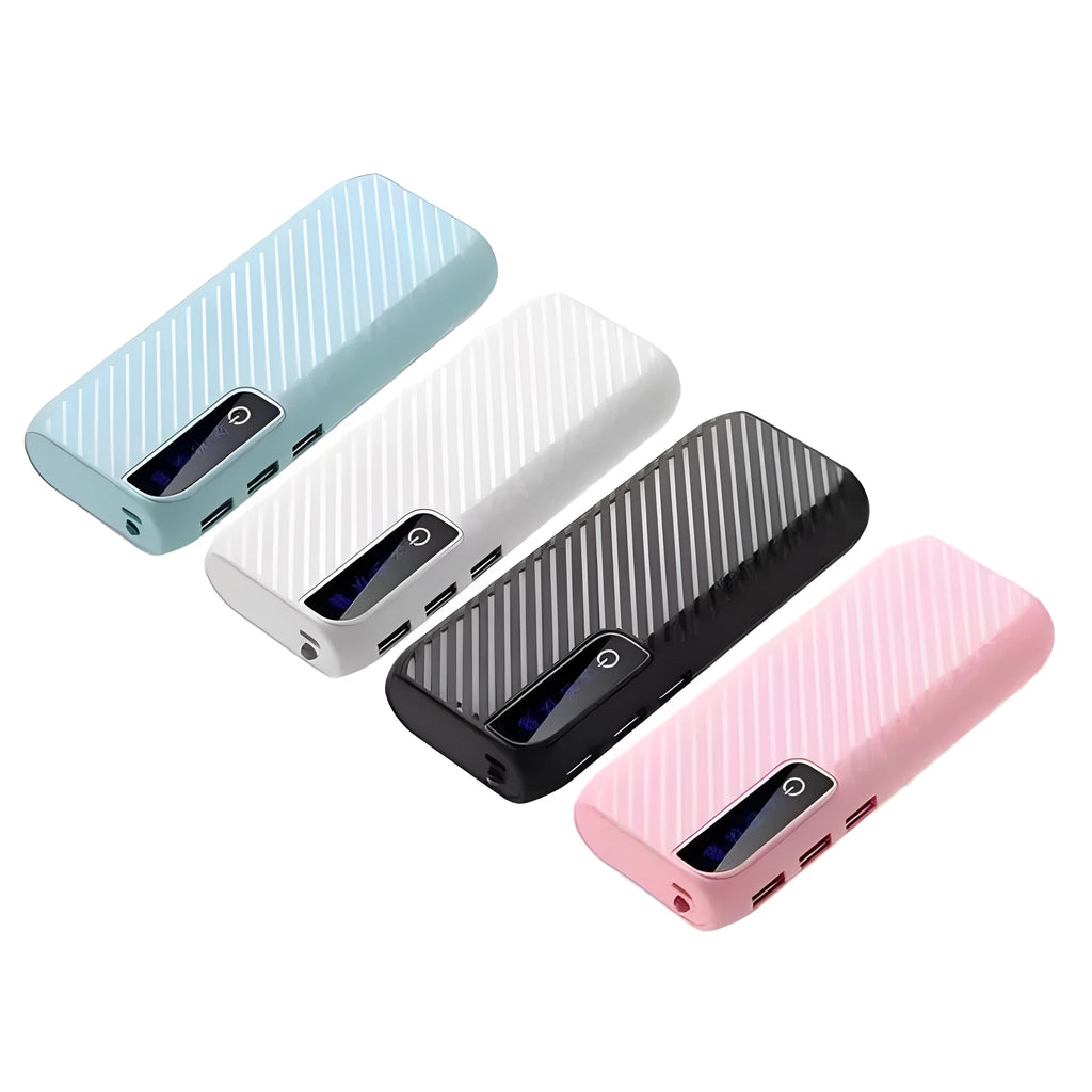 Black 20000mAh portable power bank showing USB input and output ports, with dimensions 142mm x 64mm.