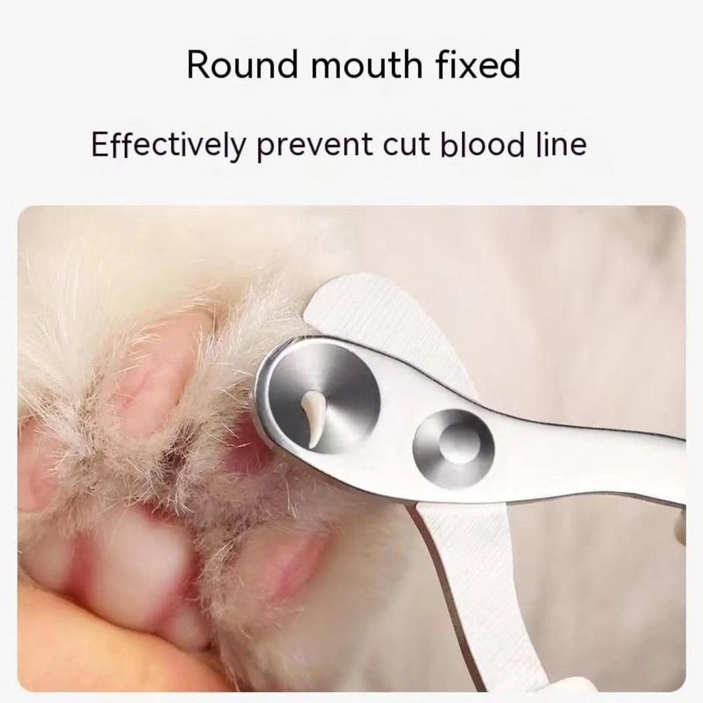 Blue pet nail clippers with a circular hole for the nail, showing the stainless steel blades and cushioned handles.