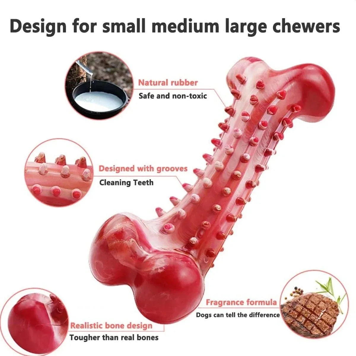 Red natural rubber chew toy for aggressive dogs, 15cm long heavy-duty durable dog chew