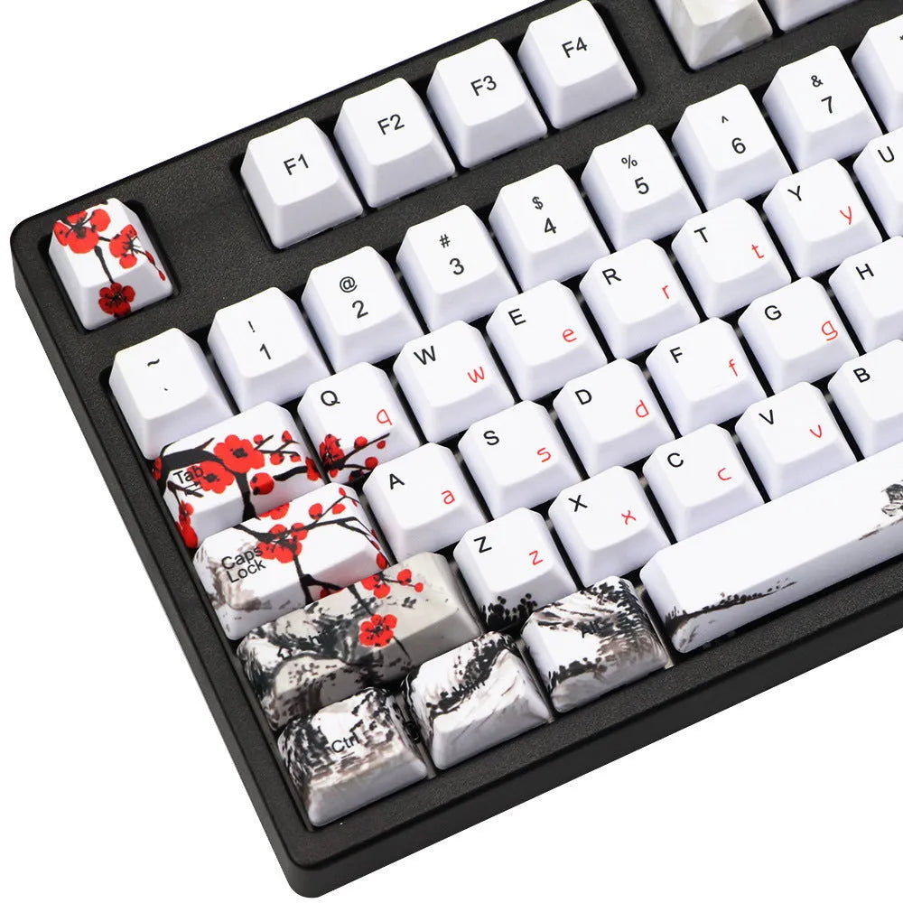 PBT Wangjiang plum blossom theme keycap set with Korean legends on a keyboard.
