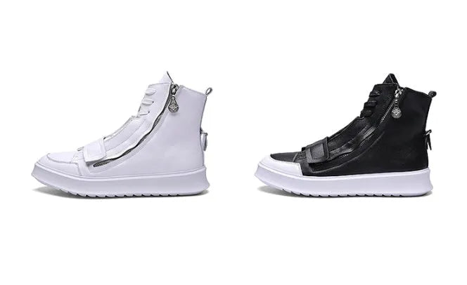 Black PU leather men's ankle boots in high-top sneakers style with microfiber upper construction