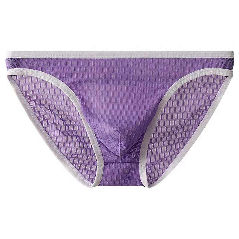 Men's low waist transparent lace underwear shorts in black, green, light purple, rose red, and white colours.