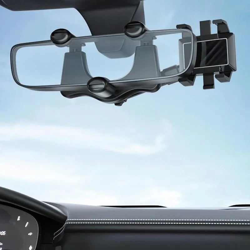 Black rearview mirror car phone holder with telescopic arm and rotating phone clamp.