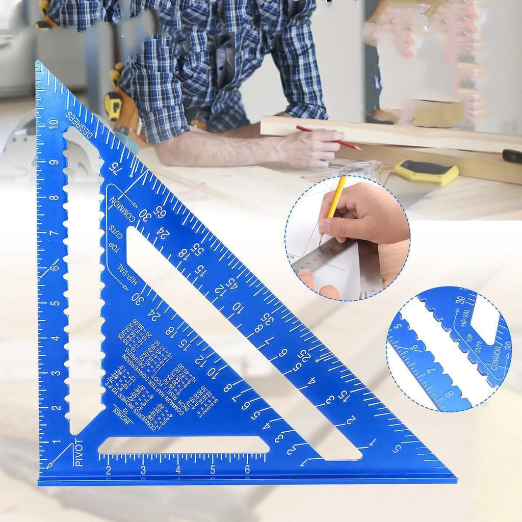 Aluminium alloy woodworking measuring square ruler in black, blue, or grey, showing 90-degree angle and 7-inch size