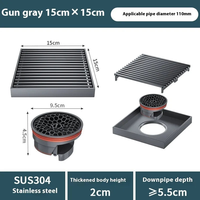 Gun grey 304 stainless steel courtyard deodorant floor drain, 15cm by 15cm.