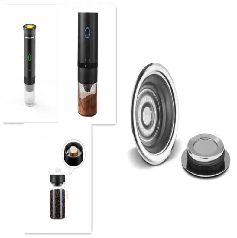 Portable 3-in-1 espresso coffee machine in black, white, grey, green, or silver with USB charging cable