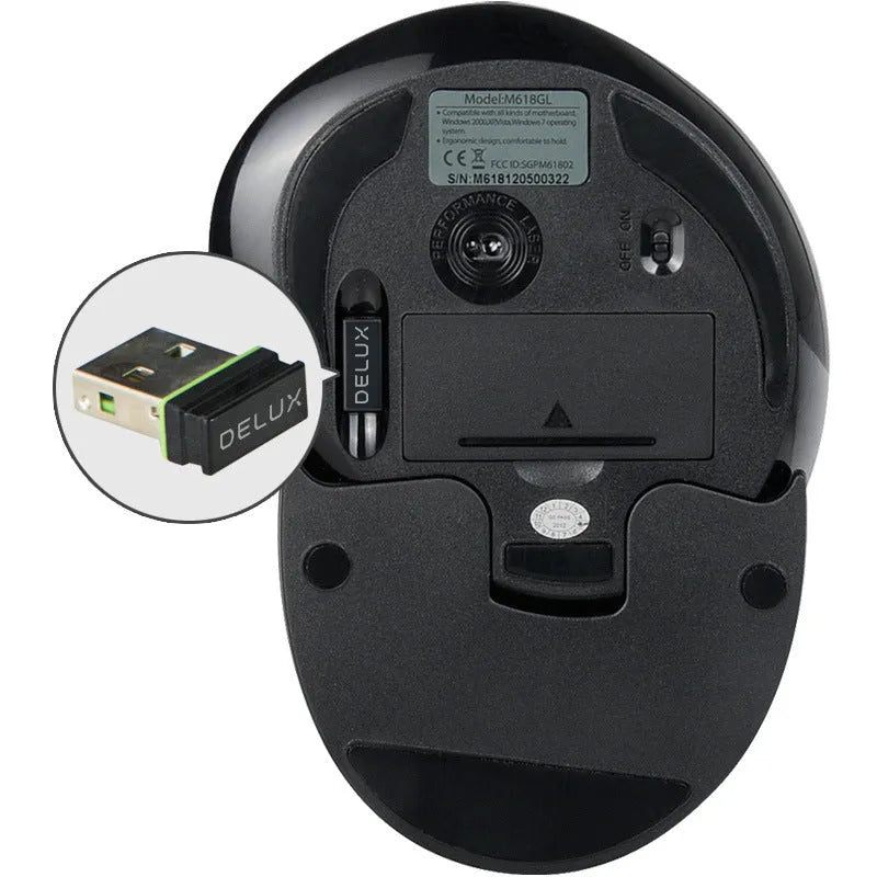 M618 wireless vertical ergonomic mouse in black or white colour on a desk.