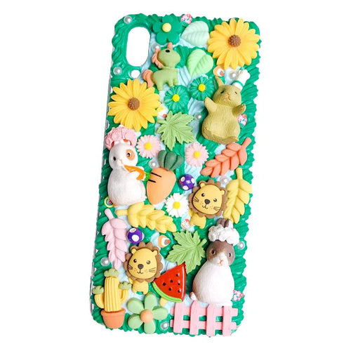 Pink and green cartoon rabbit design silicone iPhone case showing 3D texture