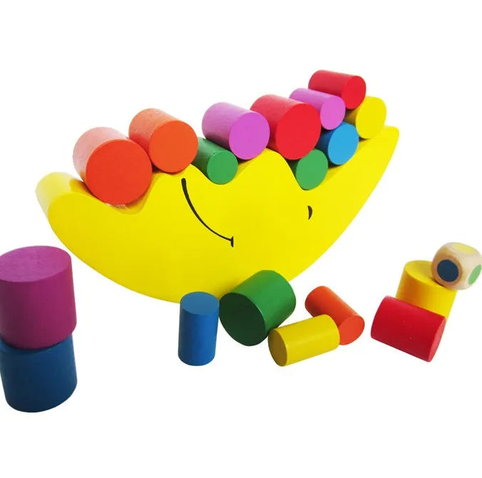 Wooden moon-shaped balance game with blue and yellow pieces for children aged 2-4 years