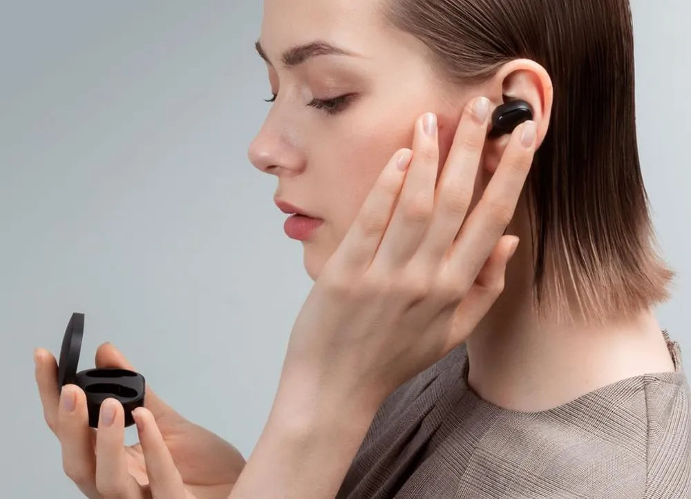 Black Redmi AirDots 2 True Wireless Bluetooth earbuds and charging case.