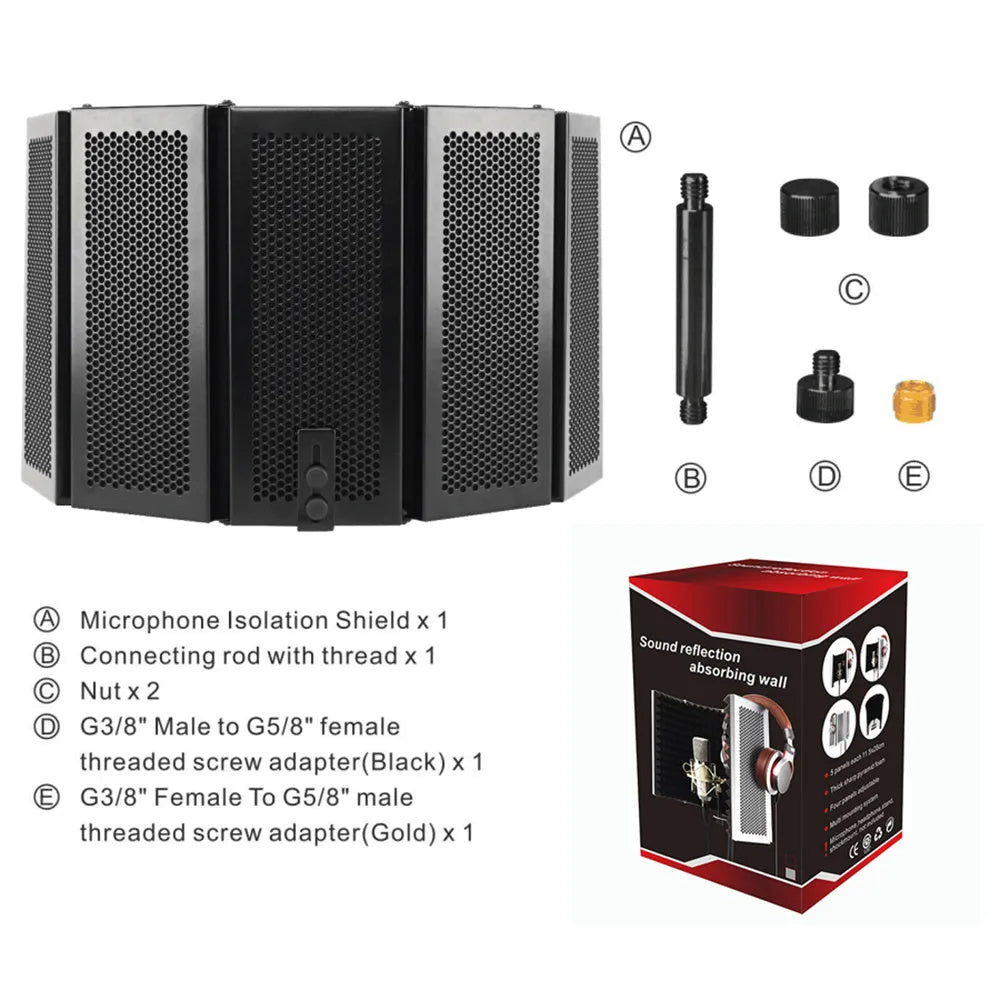Black 5-door microphone enclosure with sound absorbing foam panels measuring 36 x 28 cm on a microphone stand