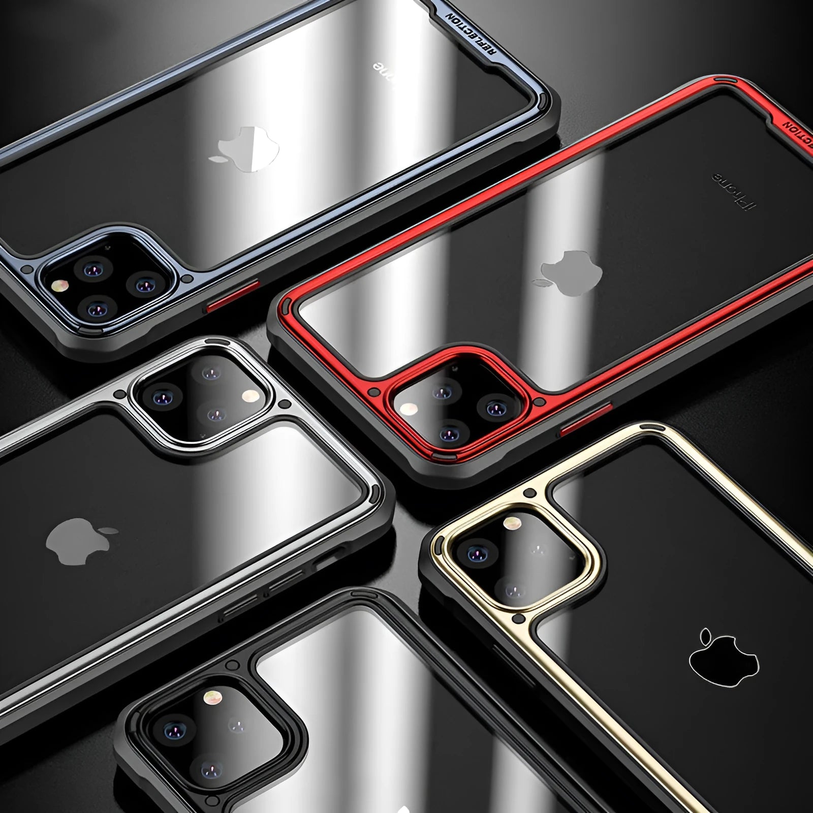 Transparent silicone phone case for iPhone 11 in various colours on a table.