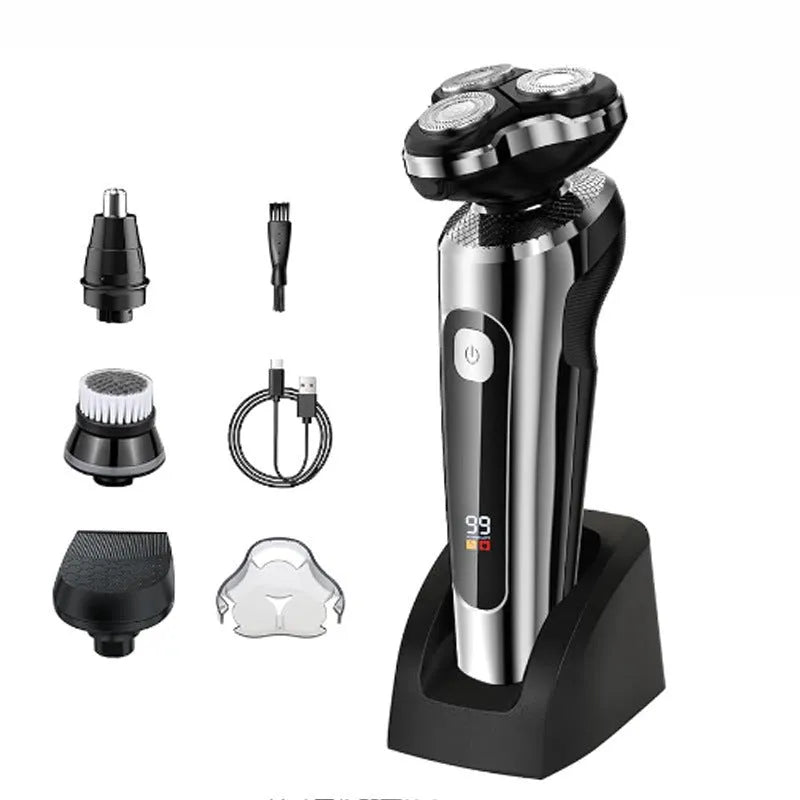 USB rechargeable beard trimmer with digital display and washable design on five-in-one base bracket