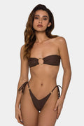 Brown women's tube-top push-up bikini swimsuit with ring tether details.