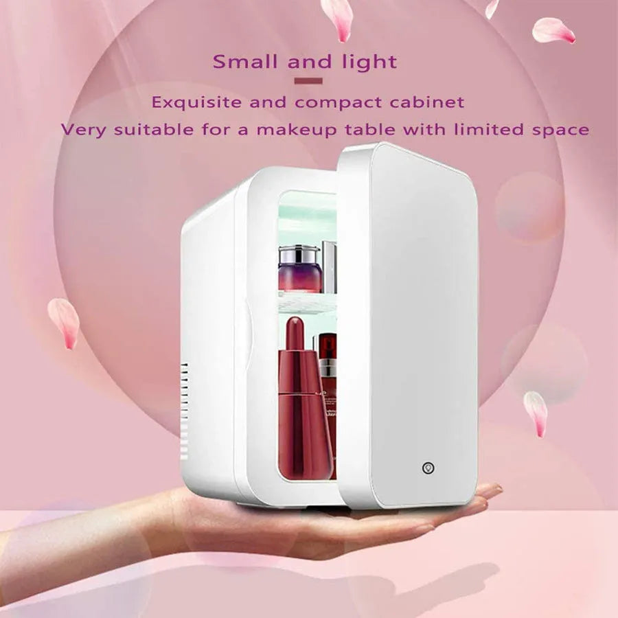 White mini cosmetic refrigerator with cooling and warming functions from 22 to 65 degrees Celsius