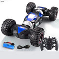 Blue electric remote control car with two motors, ABS plastic body, climbing and twisting wheels, on a pavement surface