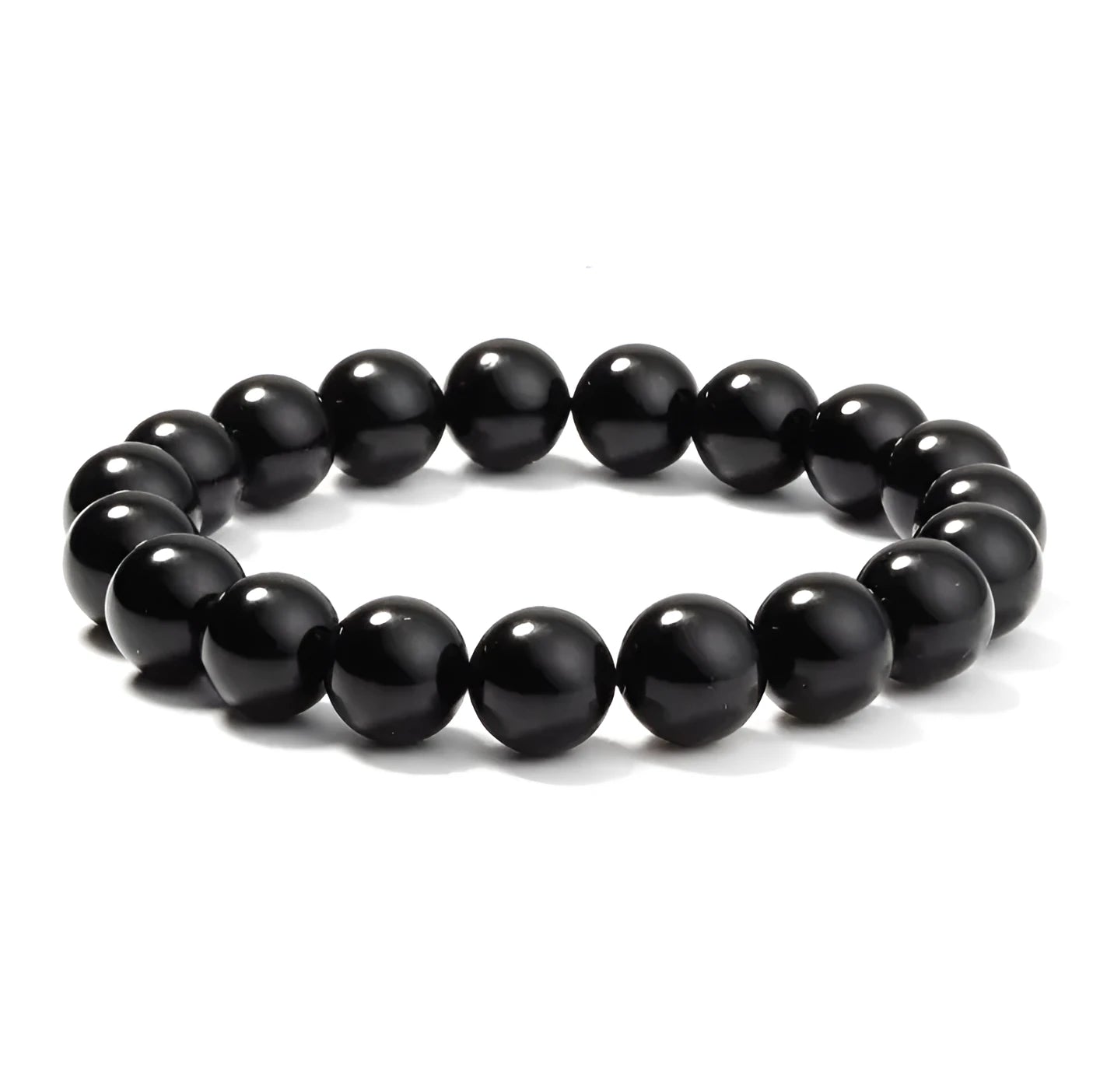 Close-up of a black agate bracelet with 8mm geometric beads on a black elastic cord.
